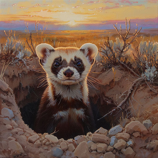 Black-footed ferret peering out of burrow at sunrise on prairie.