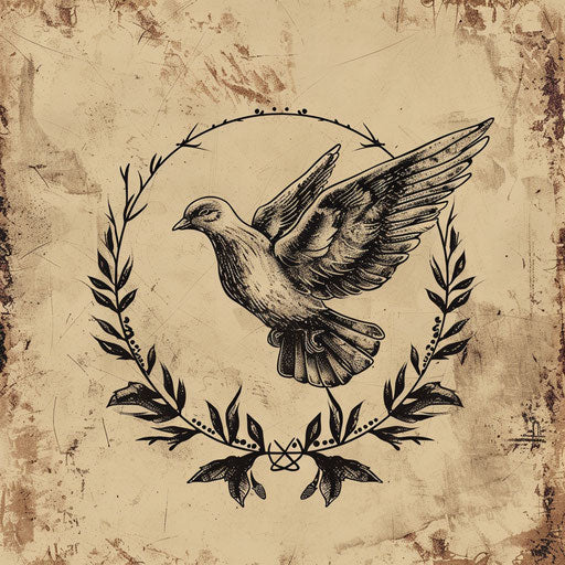 Flat tattoo sketch of a sigil for peace showing a dove in flight with an olive branch