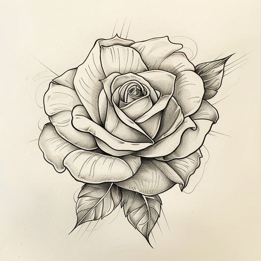Bold flat tattoo sketch of a rose's head with dramatic high-contrast shading