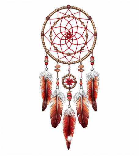 Indian dream catcher on white background with feathers, maroon colors