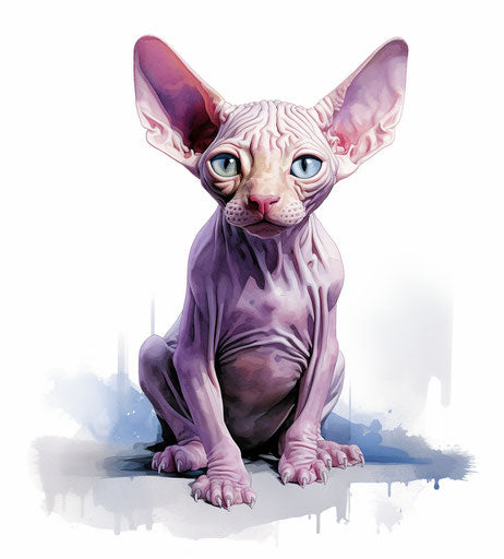 Sphynx kitten sitting on white background, light purple and dark crimson style