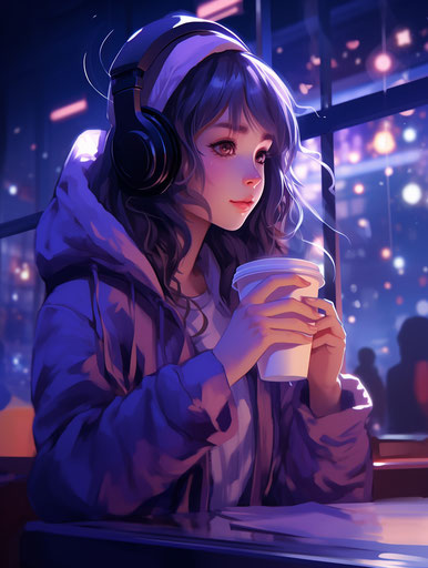 Anime girl drinking coffee with headphones in the night