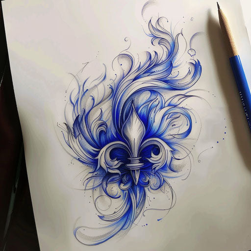 Dynamic tattoo sketch of a fleur de lis with swirling wind elements and cool blue tones