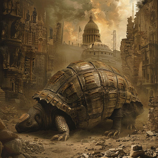 An armadillo traveling through time, witnessing key historical events.