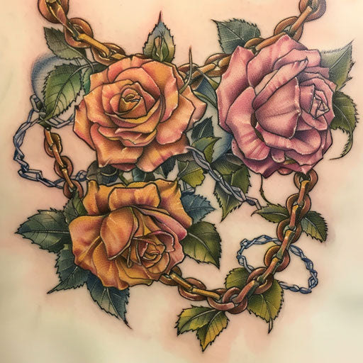 Floral chain tattoo intertwining with roses and leaves, colored in soft pastels, on a white backdrop