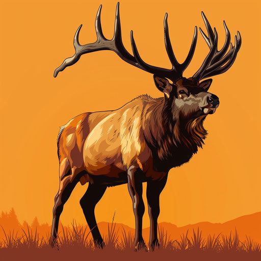 Realistic elk on flat sunset orange background