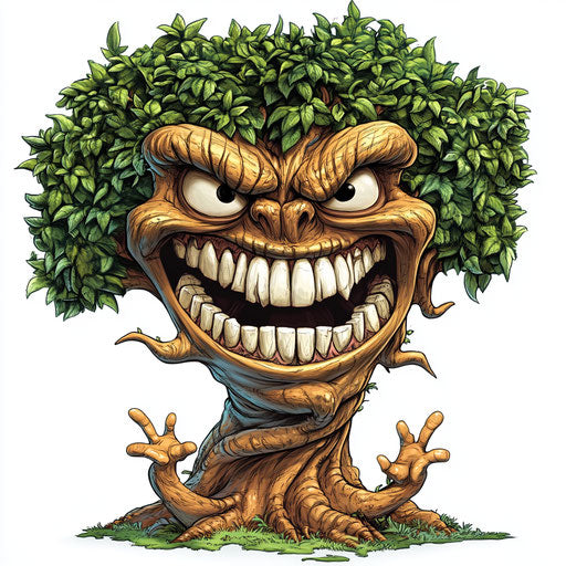 Humorous caricature of a tree of life with human characteristics