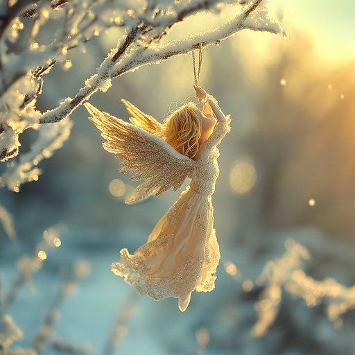 Delicate Christmas angel hanging from snowy branch