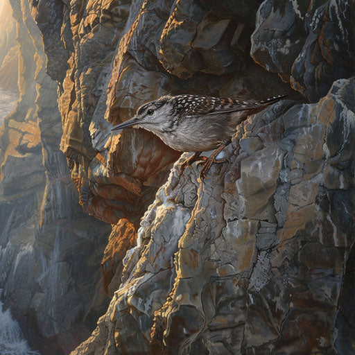 Wall creeper bird exploring the nooks of a craggy sea cliff at dawn