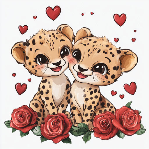 Cute cartoon baby cheetah couple on Valentine's Day