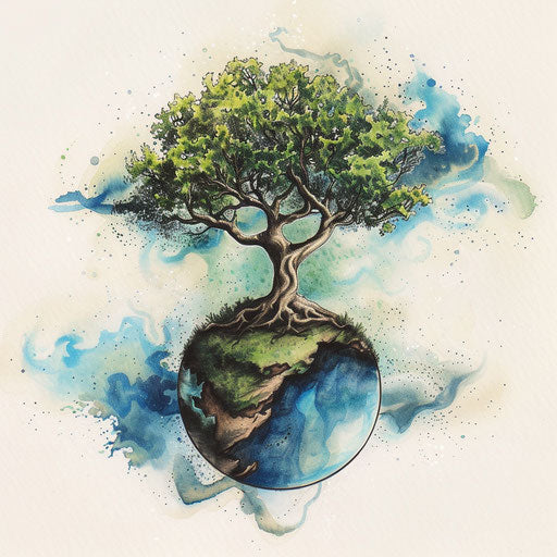 Flat tattoo sketch of nature theme, tree balancing earth and sky in greens and blues