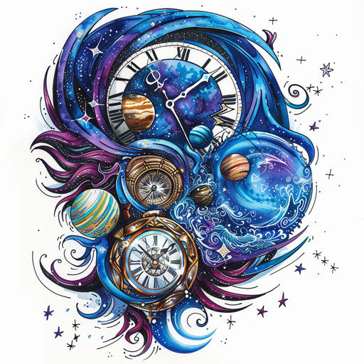 Swirling cosmic clock with stars and planets
