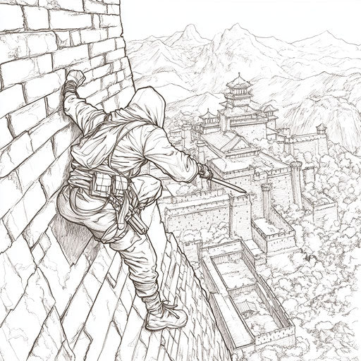 A ninja scaling a castle wall, in the style of Teagan White, Coloring book page