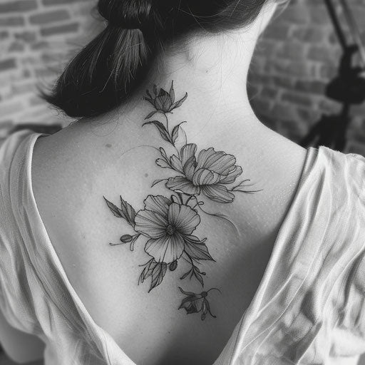 Blackwork floral tattoo with striking contrast on white background