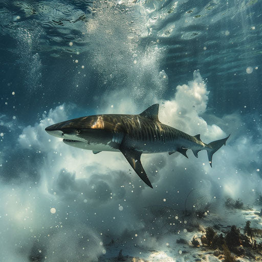 Tiger shark swimming in bubbles from underwater volcano