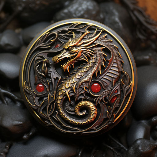 Black dragon pin, liquid emulsion style, yellow and crimson