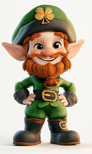 Smiling leprechaun in green and black on white background