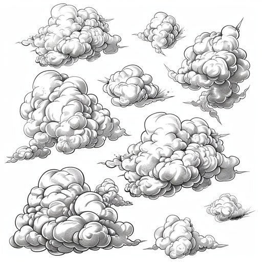 Collection of cloud tattoos in sketch style on white backdrop