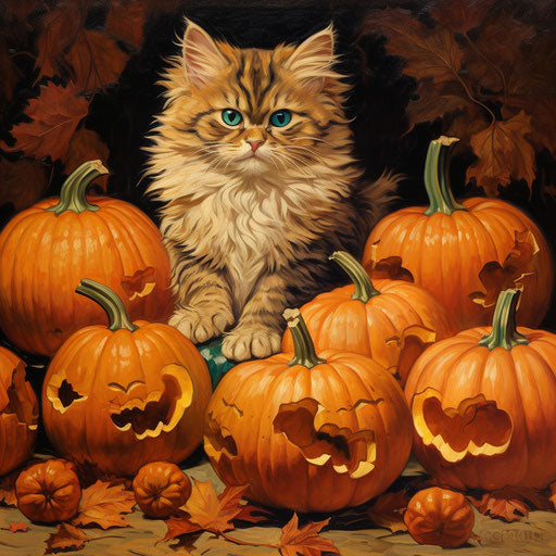 Cat resting with pumpkins