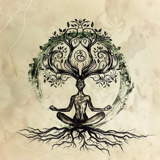 Imaginative tattoo sketch of a figure practicing yoga under a tree of life, in a fantastical clipart style