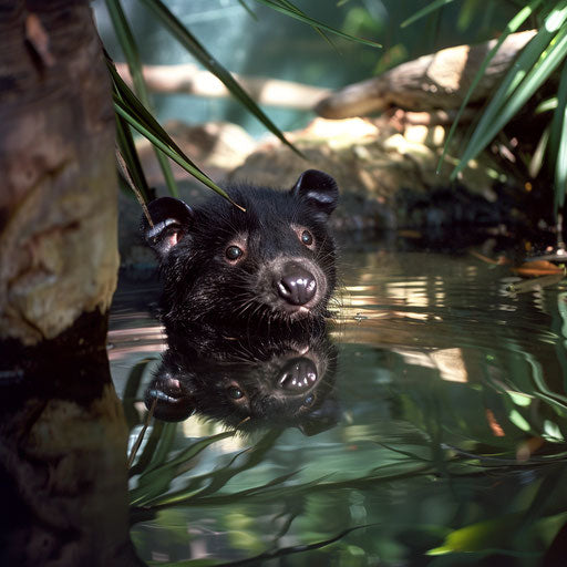 Curious Tasmanian devil peering at reflection in clear natural pool