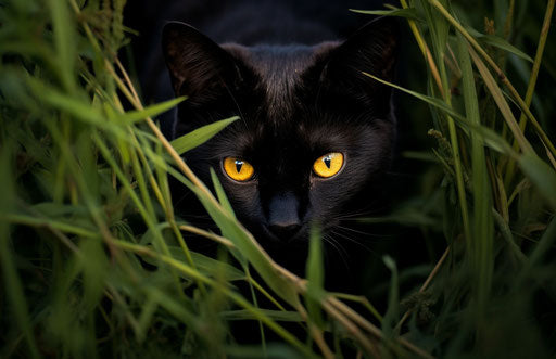 Black cat in grass with yellow eyes, in dark indigo and dark emerald style