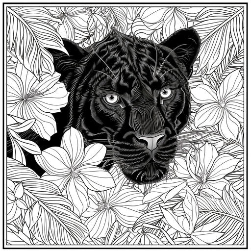 Black panther surrounded by tropical flowers - Coloring page