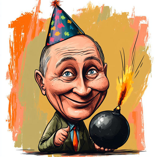 Humorous caricature of a Vladimir Putin with human characteristics, wearing a party hat, vibrant colors, cartoon style