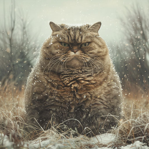 Chubby cat in a field during snowfall