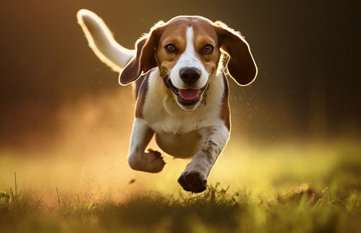 Small black beagle running towards a ball in a field with grass behind it