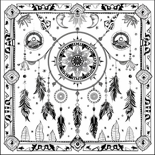 Dream catcher with tribal patterns. Coloring book page