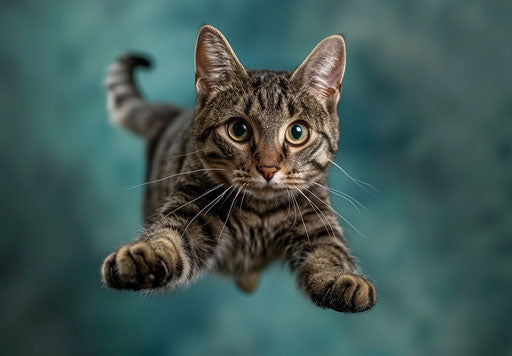 Tabby cat flying forward with raised ears