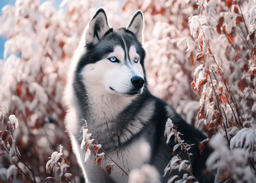 Mountain husky dog standing in bushes