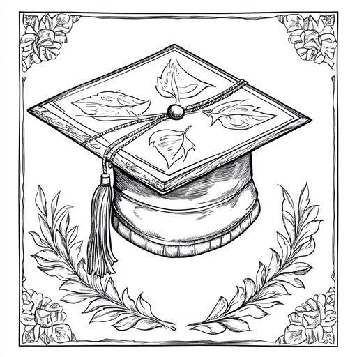 Graduation cap with detailed designs in the style of Mark Schultz coloring book page