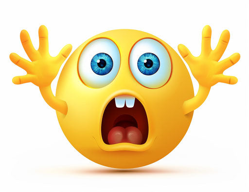 Scared emoji clipart, cute yellow face with open mouth and blue eyes with hands up in the air on white background