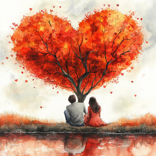 Heart-shaped tree with red leaves, smiling couple