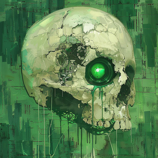 Skull with green eye, blend of artistic styles