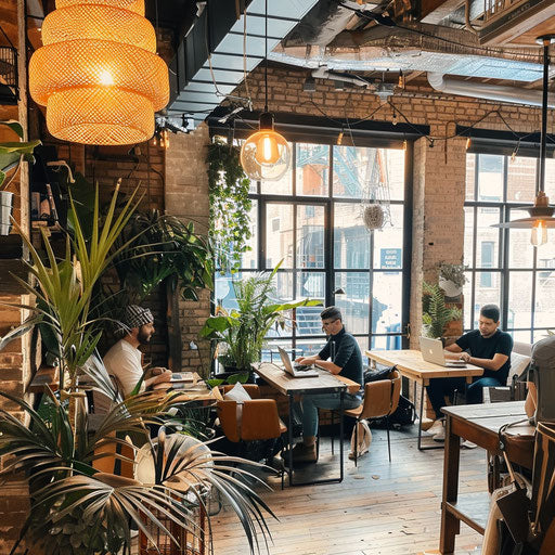 Stylish coworking space with freelancers working on laptops, cozy and inspiring decor