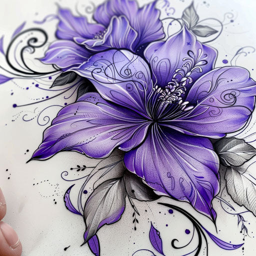Detailed violet floral tattoo on white background, intricate petals and leaves