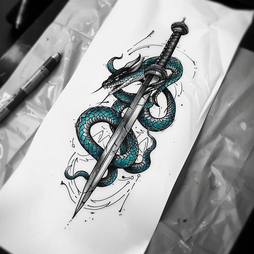 Sinister tattoo sketch of a serpent wrapped around a dagger
