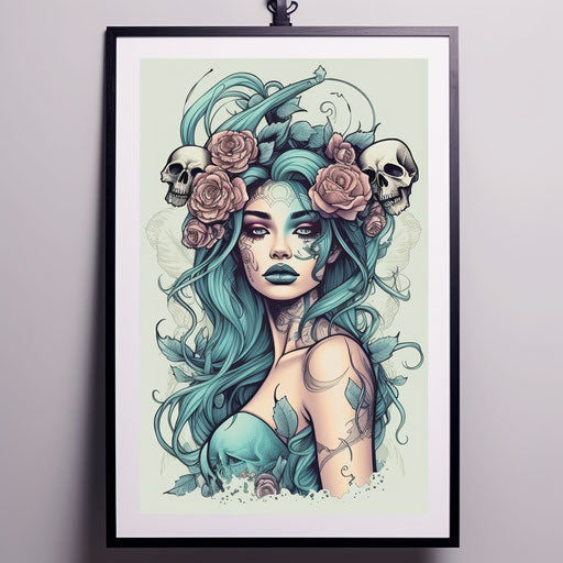 Beautiful woman with skulls on poster tattoo inspired style