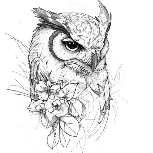 Owl neck tattoo clipart style with bold fine lines
