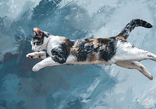 Female cat jumping on grey background, meme art style