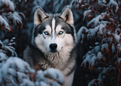 Mountain husky dog standing in bushes