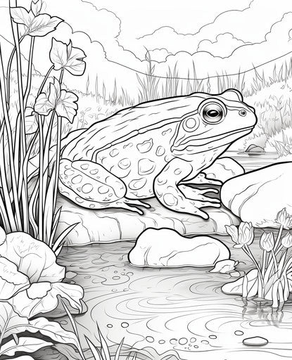 Frog Coloring Page, Free Printable, Pictorial Style, Calm Waters 25:31