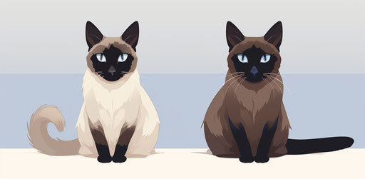Two Siamese cats on white background, dark and light colors