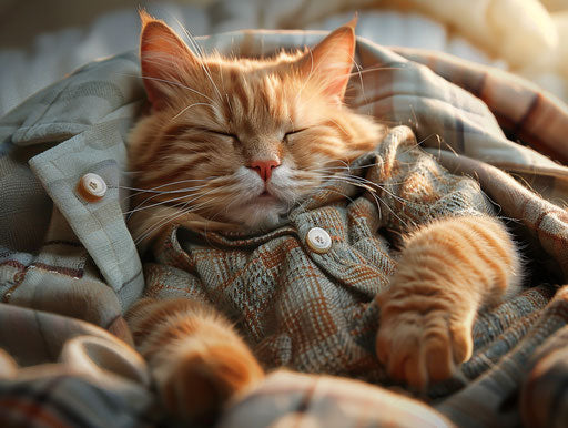 Orange cat sleeps in office attire, David Normal style, light gold and maroon, soggy 4:3