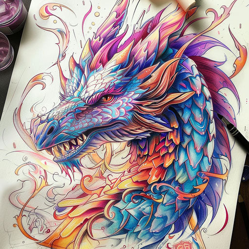 Tattoo sketch of a mystical dragon with flames and detailed scales