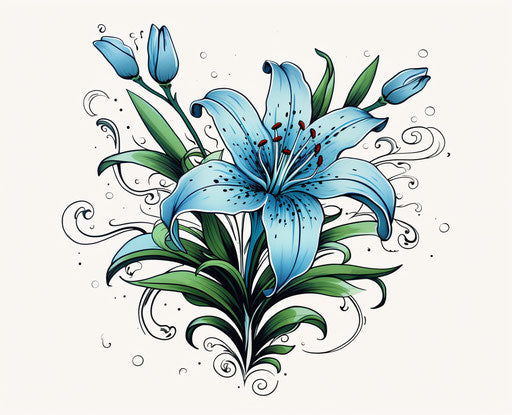 Blue lily drawing in classic tattoo style