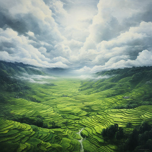 Clouds over green field, zen Buddhism influence